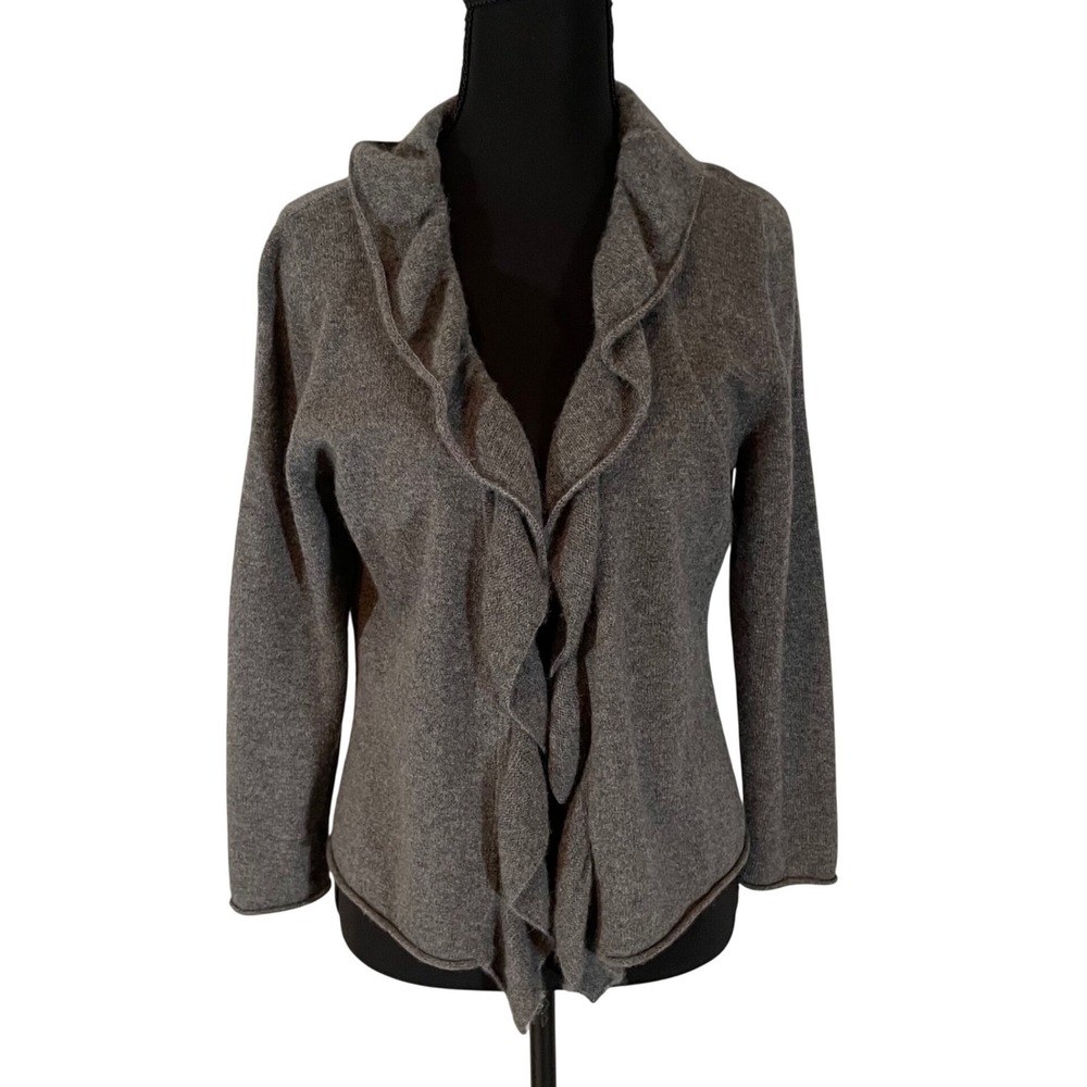 The Territory Ahead Womens 100% Cashmere Ruffle Open Front Cardigan Gray S Soft